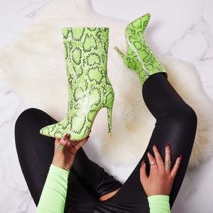 Neon Green Snake Print Faux Leather Heel Boot